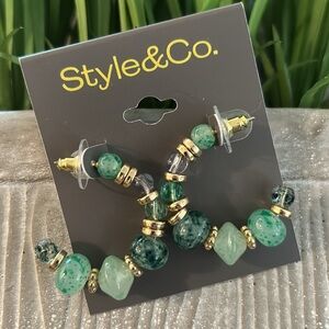 Style & Co green marbled beaded hoop earrings goldtone links NEW